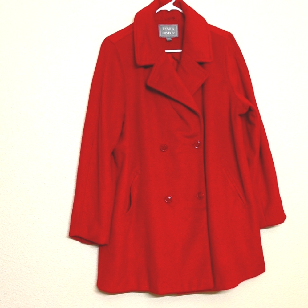 Jessica London Outerwear Vibrant Wool Blend Red Pea Coat Women's Size 16W